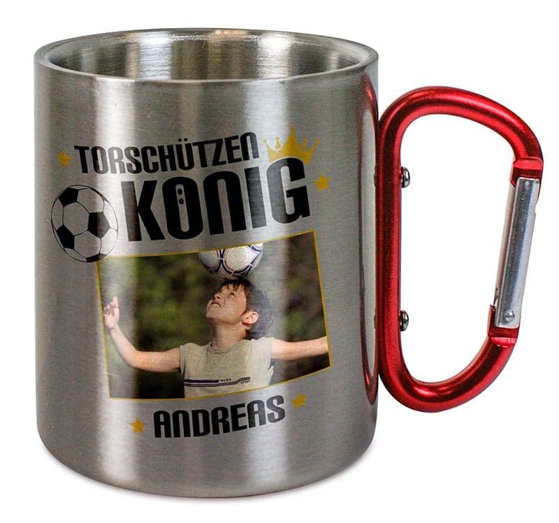 Bedruckte Edelstahltasse mit rotem Karabinergriff und Fotomotiv