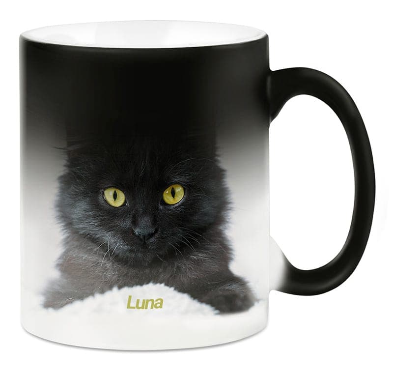 Schwarze Farbwechseltasse, auf der ein Katzenfoto mit dem Namen Luna sichtbar wird