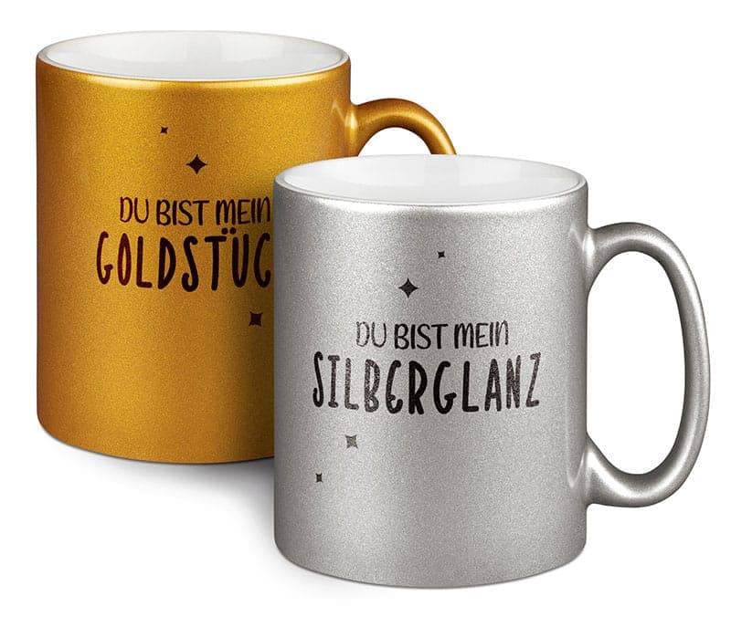 Glitzertassen in Gold und Silber mit bedrucktem Spruch