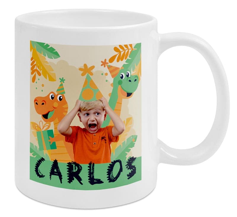 Kindertasse mit Foto, Dinosaurier-Motiv und Namen zum Geburtstag oder Schulanfang