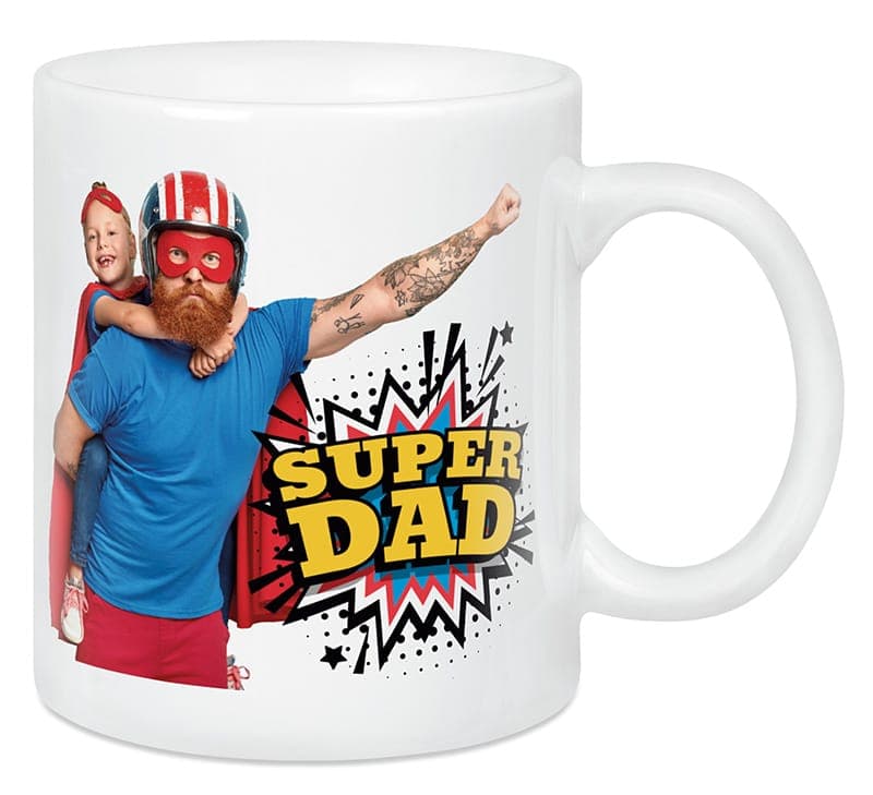 Tasse mit Familienfoto und der Aufschrift „Super Dad“