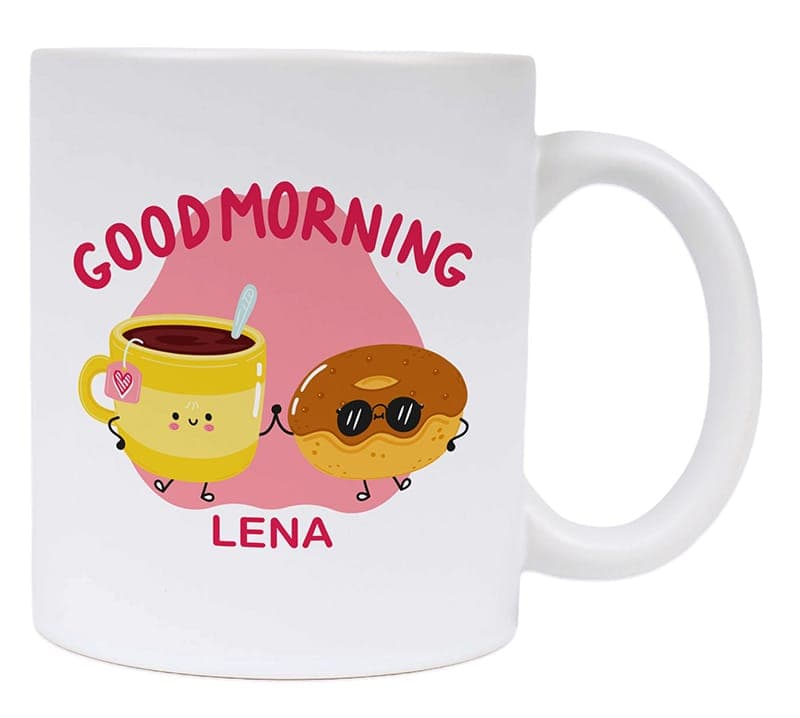 Personalized mug with a cheerful good-morning design and a name