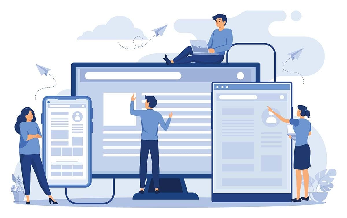 Illustration: people building a website together on different devices